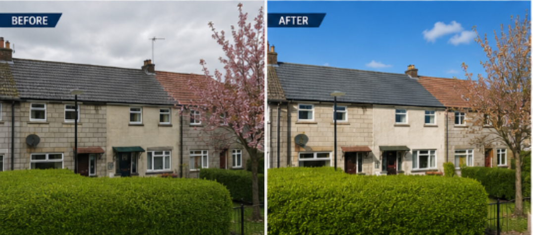 Roof coating before and after — terraced homes