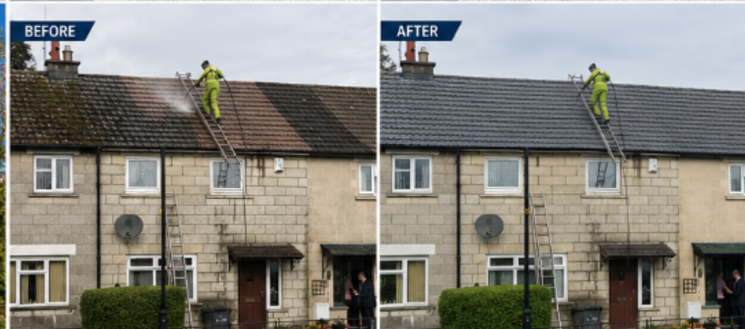 Roof coating in progress — before and after